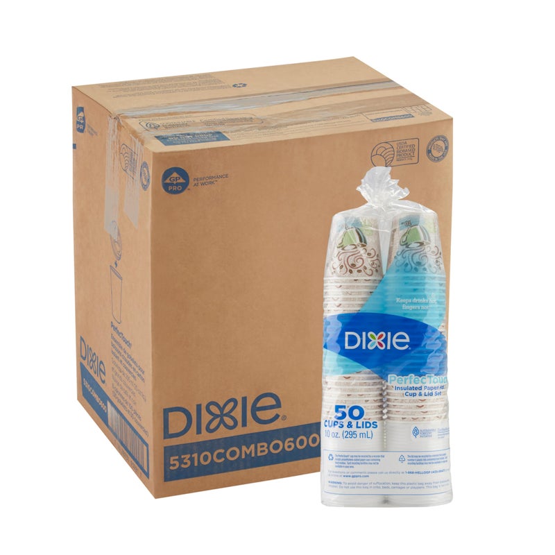 Georgia-Pacific Dixie PerfecTouch 10 oz Paper Coffee Cups and Lids By GP PRO, Coffee Haze Design, 300 Disposable Cups and Lids (50 Disposable Cups and Lids Per Pack, 6 Packs Per Case), 5310COMBO600 - Image 1